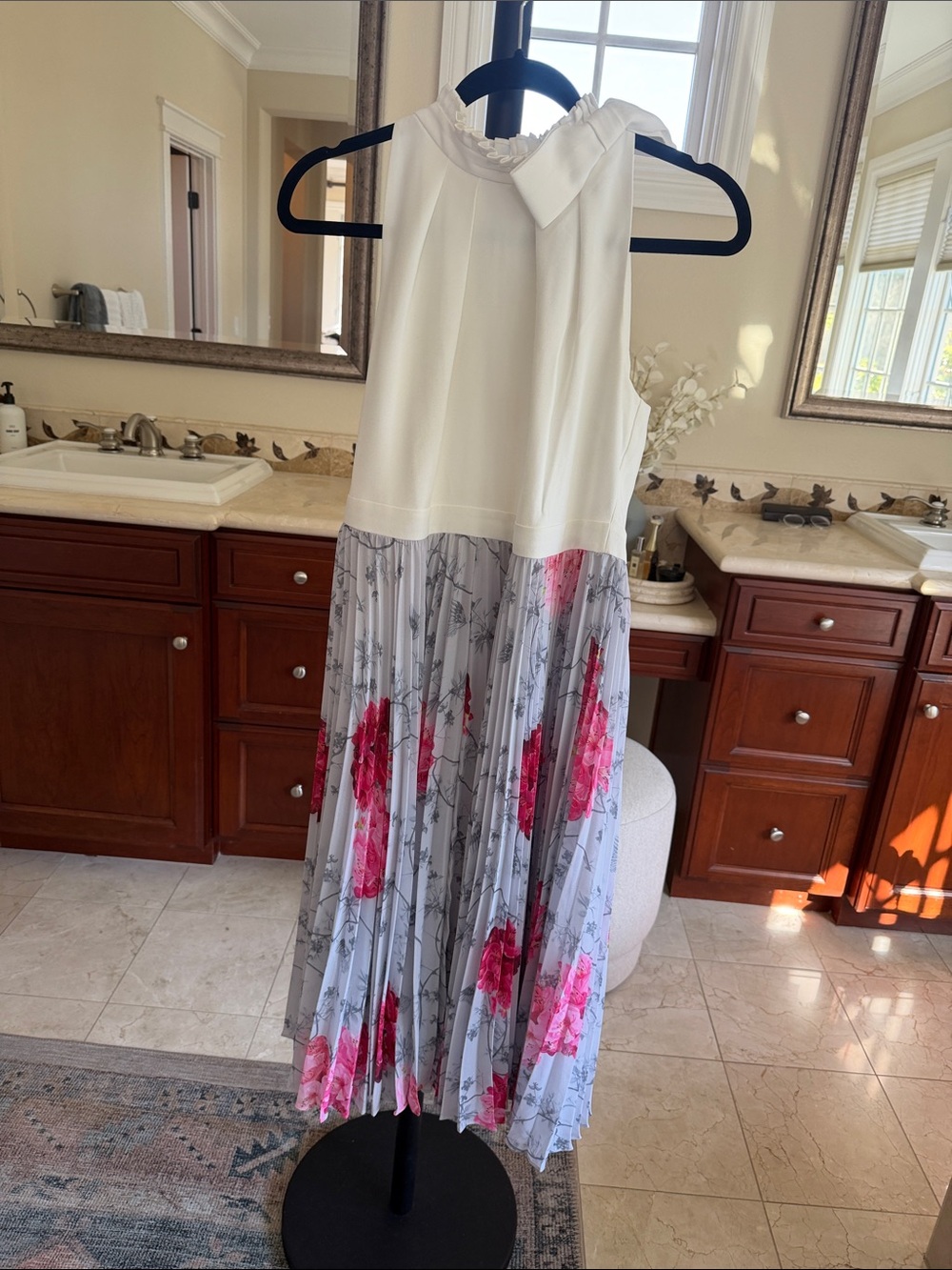 White Sleeveless Dress with Pink Floral Pleated Skirt